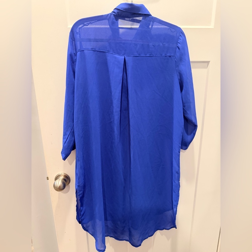 Creation Sheer Blue Button Front Tunic Blouse Longline Shirt 3/4 Sleeve medium - Picture 4 of 10